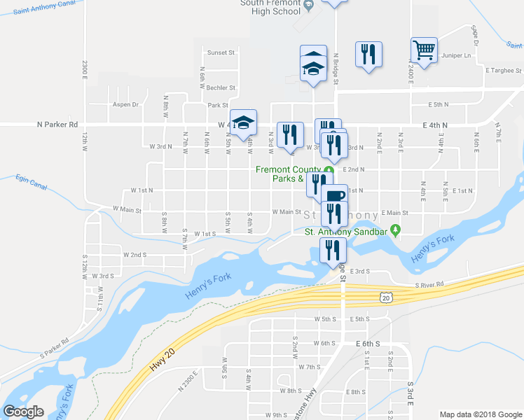 map of restaurants, bars, coffee shops, grocery stores, and more near 399 West Main Street in Saint Anthony