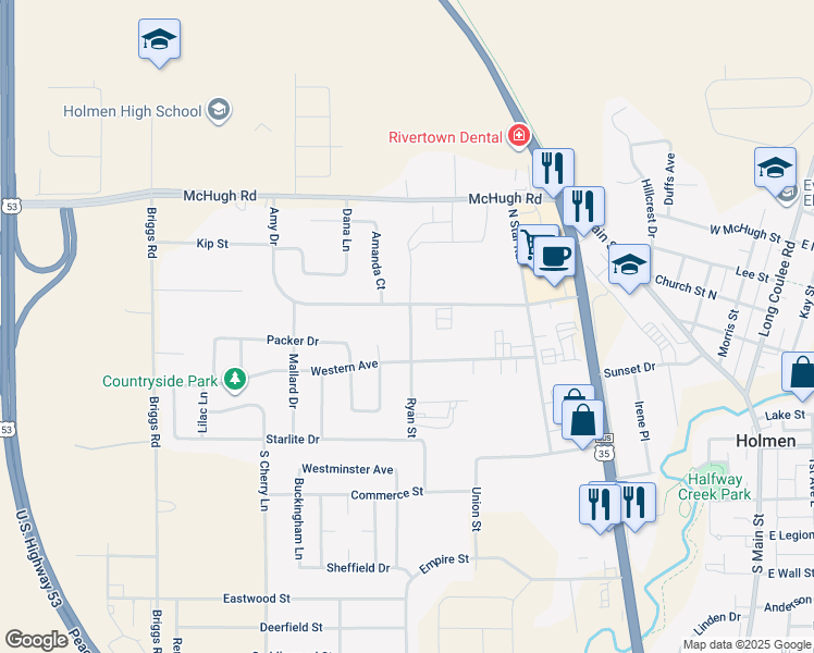 map of restaurants, bars, coffee shops, grocery stores, and more near 512 Ryan Street in Holmen