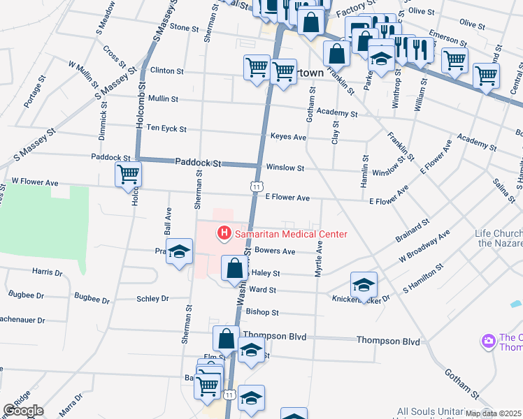 map of restaurants, bars, coffee shops, grocery stores, and more near 715 Washington Street in Watertown