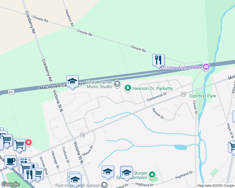 map of restaurants, bars, coffee shops, grocery stores, and more near 10 Hewson Drive in Port Hope