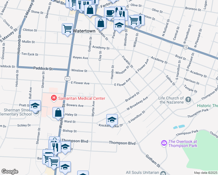 map of restaurants, bars, coffee shops, grocery stores, and more near 222 East Flower Avenue in Watertown