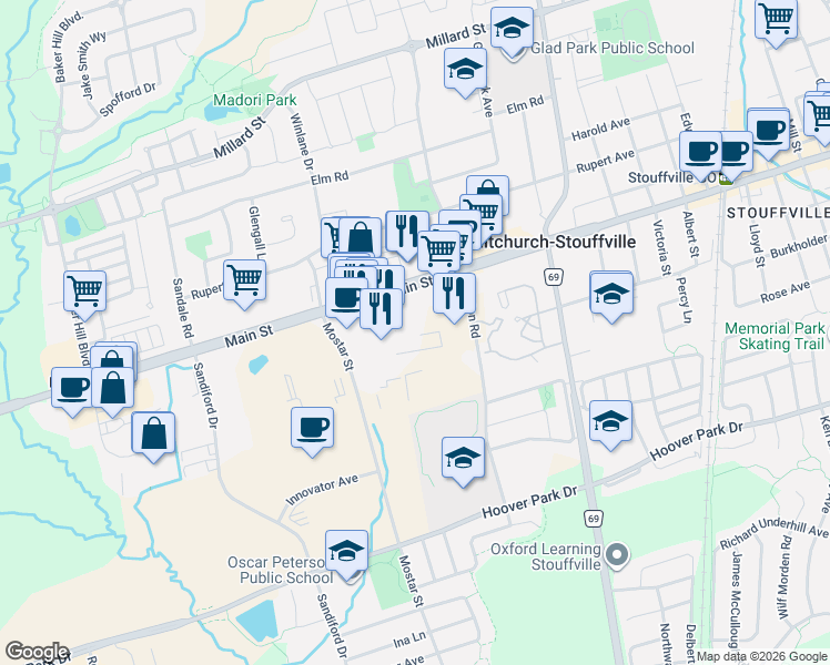 map of restaurants, bars, coffee shops, grocery stores, and more near 96 Clippers Crescent in Whitchurch-Stouffville