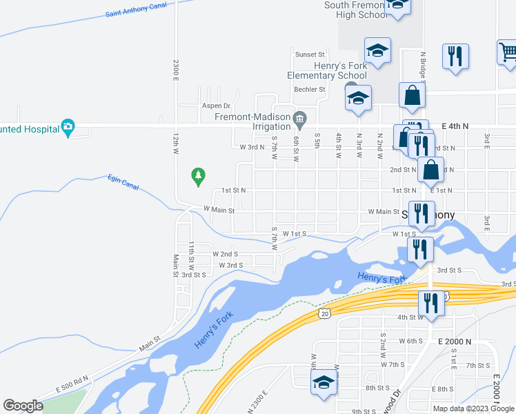 map of restaurants, bars, coffee shops, grocery stores, and more near 745 West Main Street in Saint Anthony