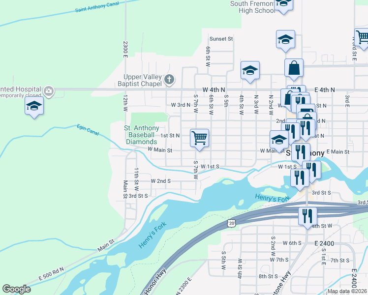 map of restaurants, bars, coffee shops, grocery stores, and more near 745 West Main Street in Saint Anthony
