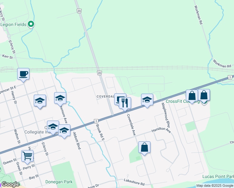 map of restaurants, bars, coffee shops, grocery stores, and more near Rollings Street in Cobourg