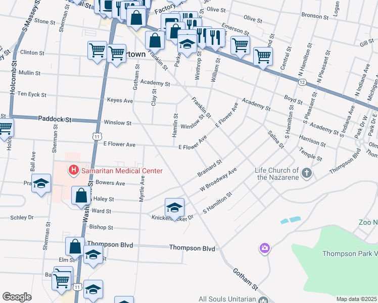 map of restaurants, bars, coffee shops, grocery stores, and more near 256 East Flower Avenue in Watertown