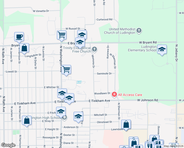 map of restaurants, bars, coffee shops, grocery stores, and more near 1021 Monona Drive in Ludington