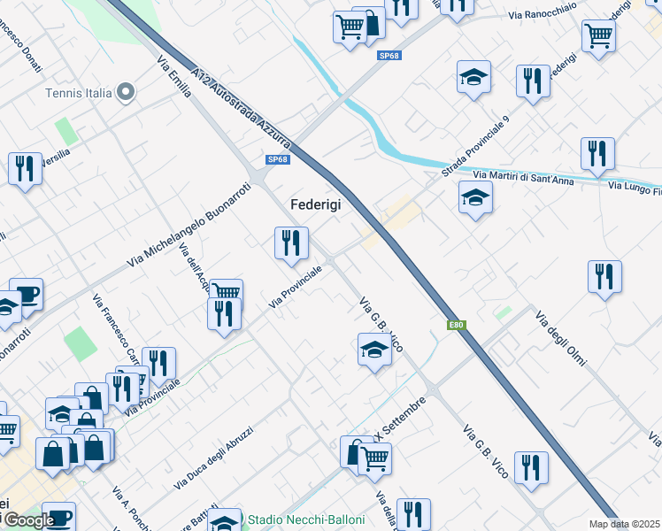 map of restaurants, bars, coffee shops, grocery stores, and more near 71 Via Provinciale in Forte dei Marmi
