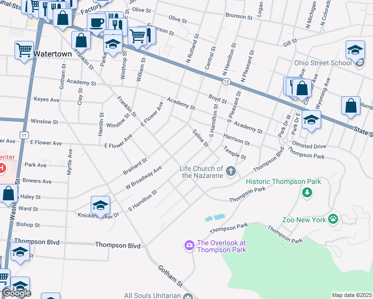 map of restaurants, bars, coffee shops, grocery stores, and more near 431 Broadway Avenue East in Watertown