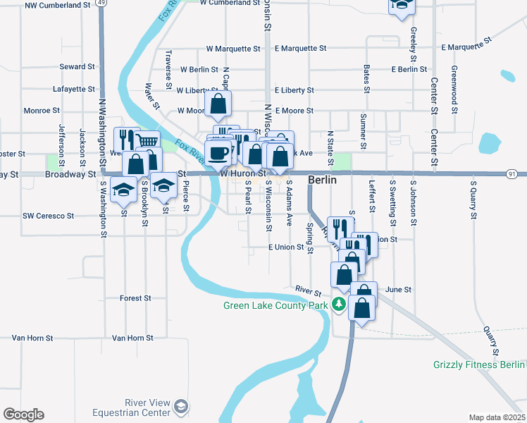map of restaurants, bars, coffee shops, grocery stores, and more near 151 South Wisconsin Street in Berlin