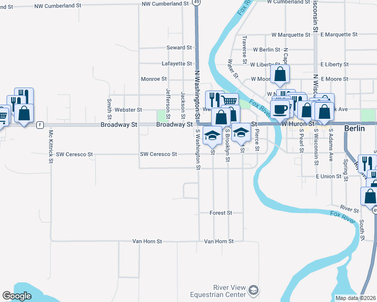 map of restaurants, bars, coffee shops, grocery stores, and more near 355 Southwest Ceresco Street in Berlin