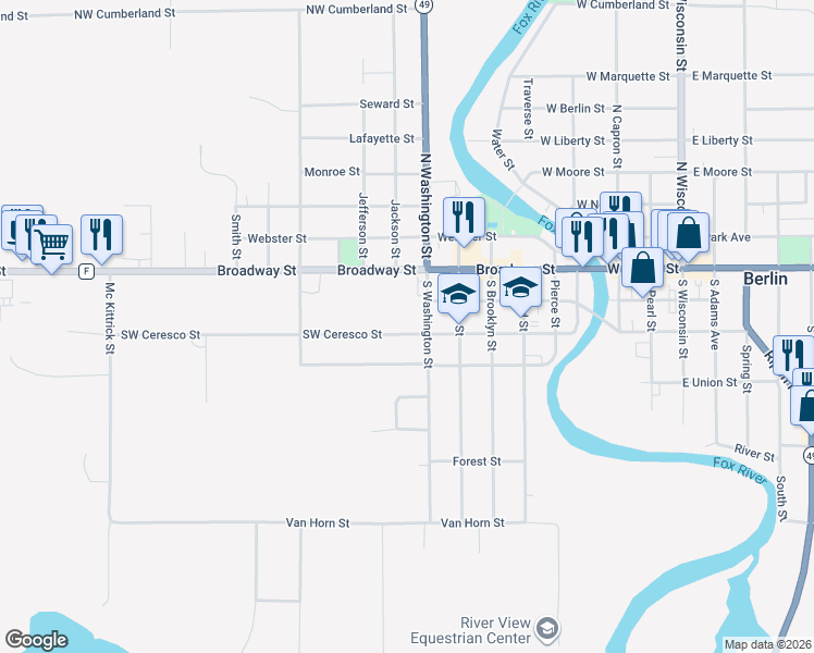 map of restaurants, bars, coffee shops, grocery stores, and more near 355 Southwest Ceresco Street in Berlin