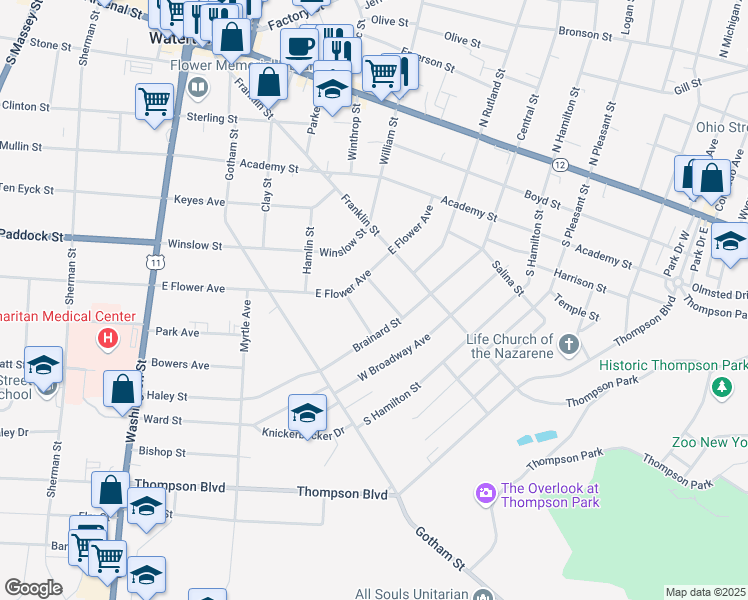 map of restaurants, bars, coffee shops, grocery stores, and more near 718 Cadwell Street in Watertown