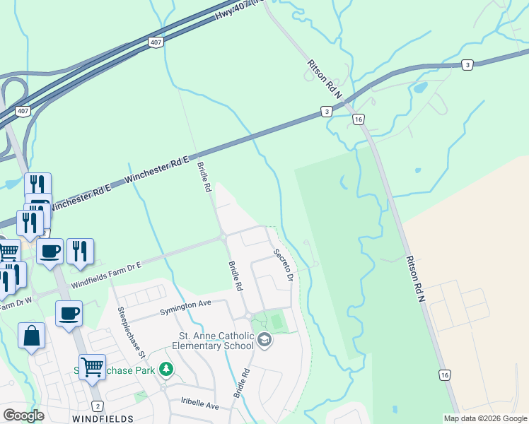 map of restaurants, bars, coffee shops, grocery stores, and more near 2623 Bridle Road South in Oshawa