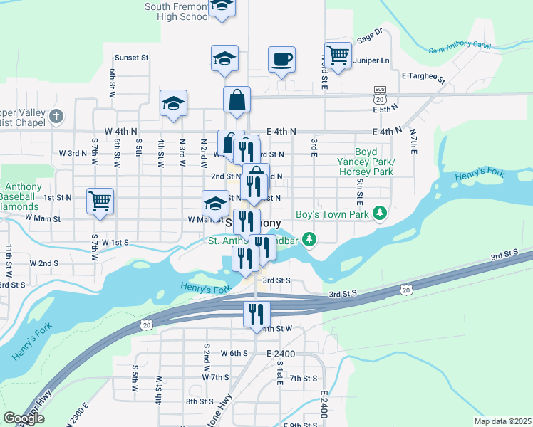 map of restaurants, bars, coffee shops, grocery stores, and more near 14 North 1st East in Saint Anthony