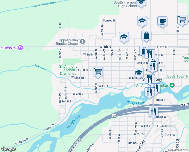 map of restaurants, bars, coffee shops, grocery stores, and more near 601-699 West Main Street in Saint Anthony