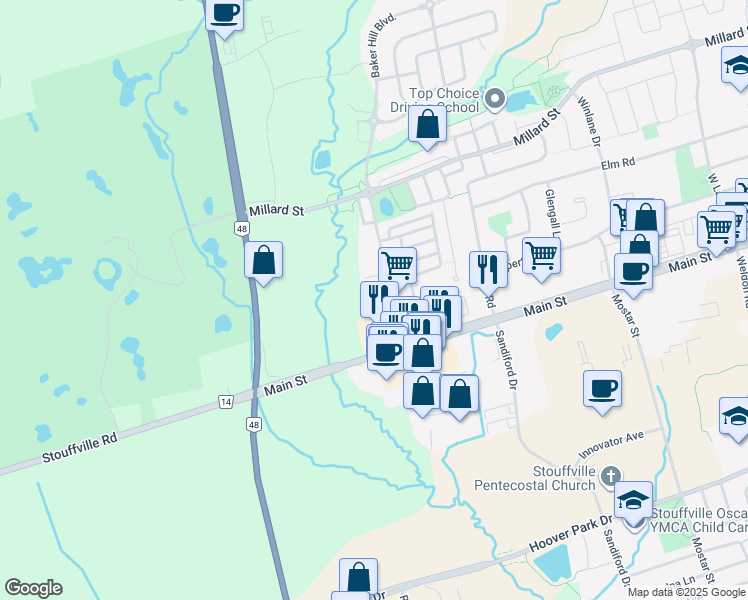 map of restaurants, bars, coffee shops, grocery stores, and more near 25 Baker Hill Boulevard in Whitchurch-Stouffville