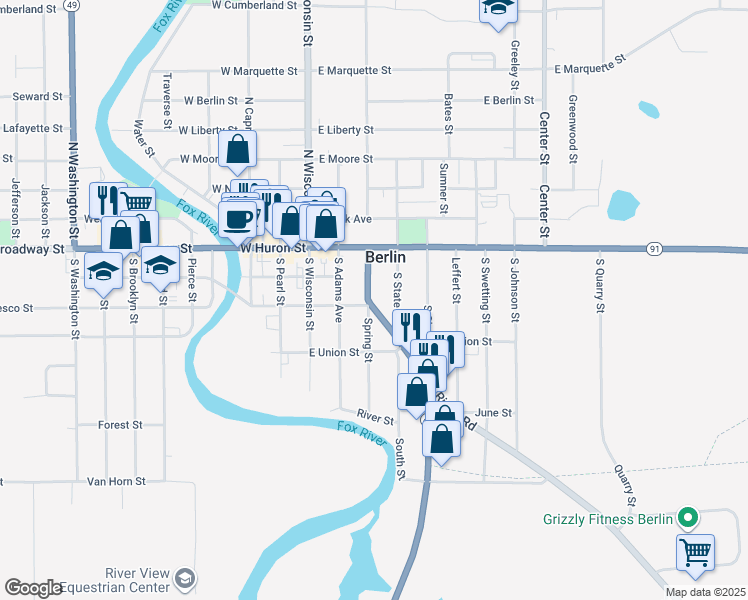 map of restaurants, bars, coffee shops, grocery stores, and more near 152 Spring Street in Berlin