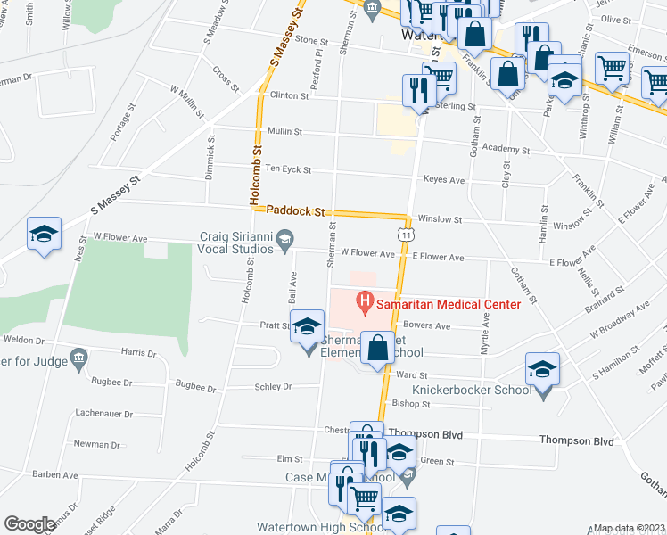 map of restaurants, bars, coffee shops, grocery stores, and more near 713 Sherman Street in Watertown