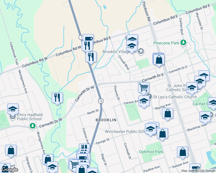 map of restaurants, bars, coffee shops, grocery stores, and more near Westbury Way in Whitby