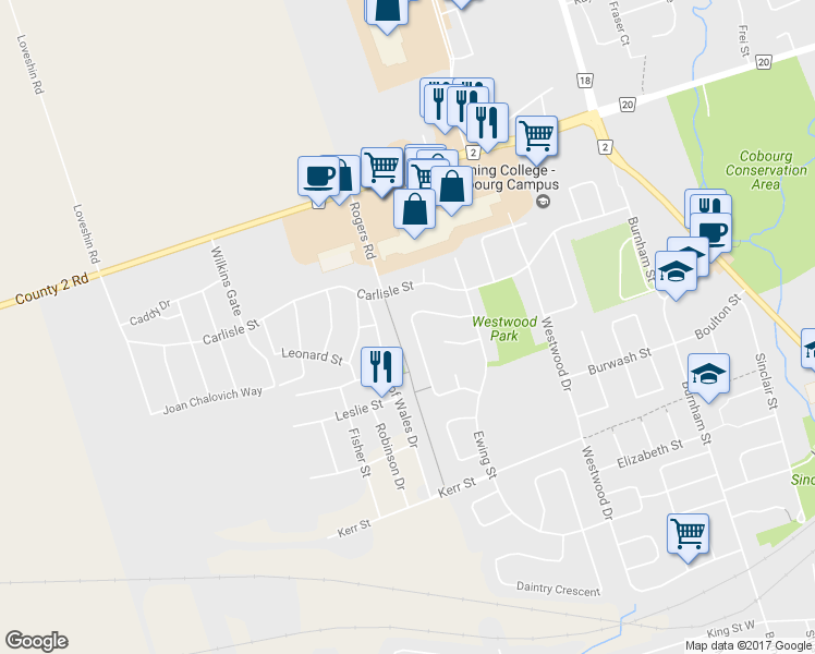 map of restaurants, bars, coffee shops, grocery stores, and more near 795 Munson Crescent in Cobourg