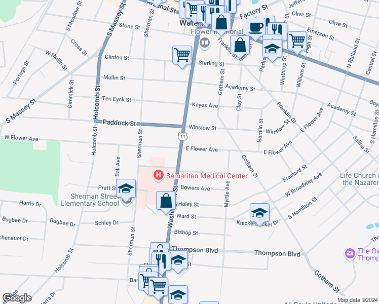 map of restaurants, bars, coffee shops, grocery stores, and more near 715 Washington Street in Watertown