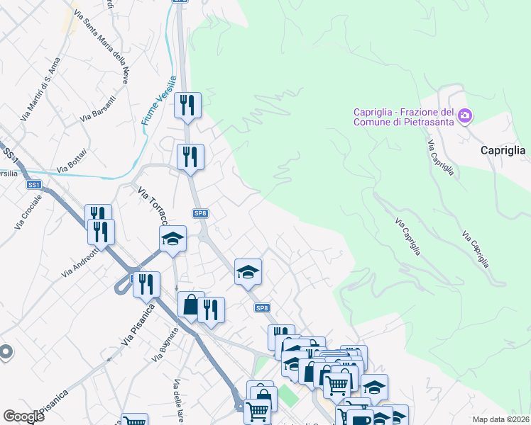 map of restaurants, bars, coffee shops, grocery stores, and more near 42 Via dei Salesiani in Pietrasanta