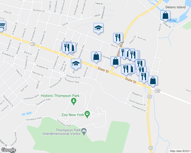 map of restaurants, bars, coffee shops, grocery stores, and more near 124 Fairmont Avenue in Watertown