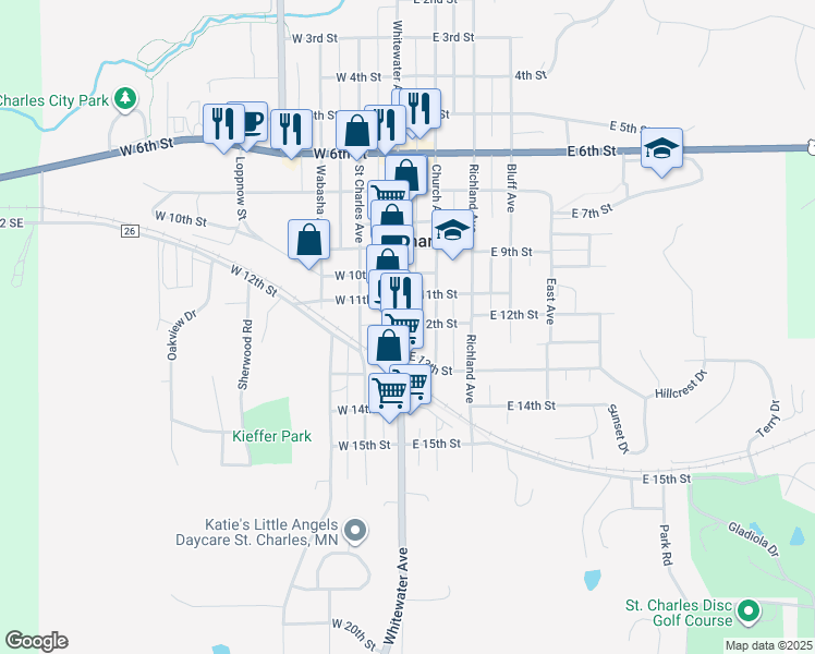 map of restaurants, bars, coffee shops, grocery stores, and more near 1201 Whitewater Avenue in Saint Charles