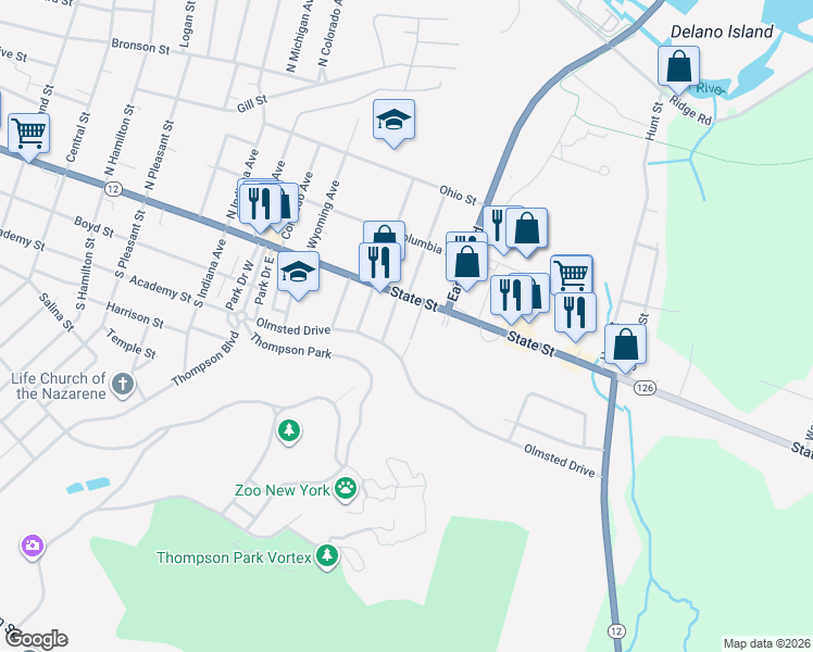 map of restaurants, bars, coffee shops, grocery stores, and more near 129 Spring Avenue in Watertown