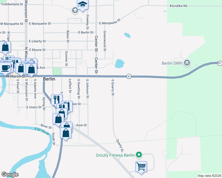 map of restaurants, bars, coffee shops, grocery stores, and more near 115 South Quarry Street in Berlin