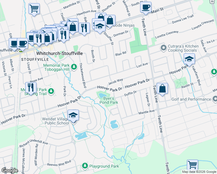 map of restaurants, bars, coffee shops, grocery stores, and more near 143 Jacob Way in Whitchurch-Stouffville