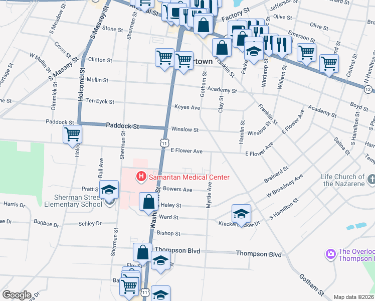 map of restaurants, bars, coffee shops, grocery stores, and more near 130 East Flower Avenue in Watertown