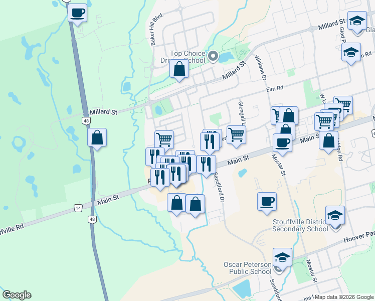 map of restaurants, bars, coffee shops, grocery stores, and more near in Whitchurch-Stouffville