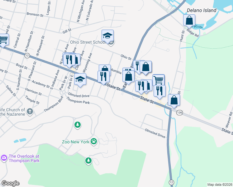 map of restaurants, bars, coffee shops, grocery stores, and more near 119 Spring Avenue in Watertown