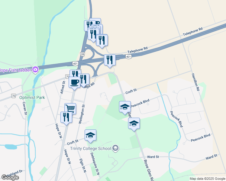 map of restaurants, bars, coffee shops, grocery stores, and more near 360 Croft Street in Port Hope