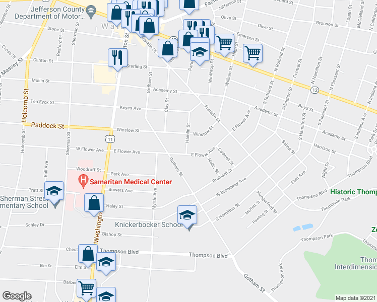 map of restaurants, bars, coffee shops, grocery stores, and more near 301 East Flower Avenue in Watertown