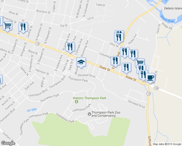 map of restaurants, bars, coffee shops, grocery stores, and more near 132 South Pearl Avenue in Watertown
