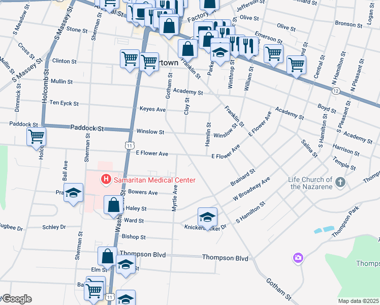 map of restaurants, bars, coffee shops, grocery stores, and more near 637 Gotham Street in Watertown