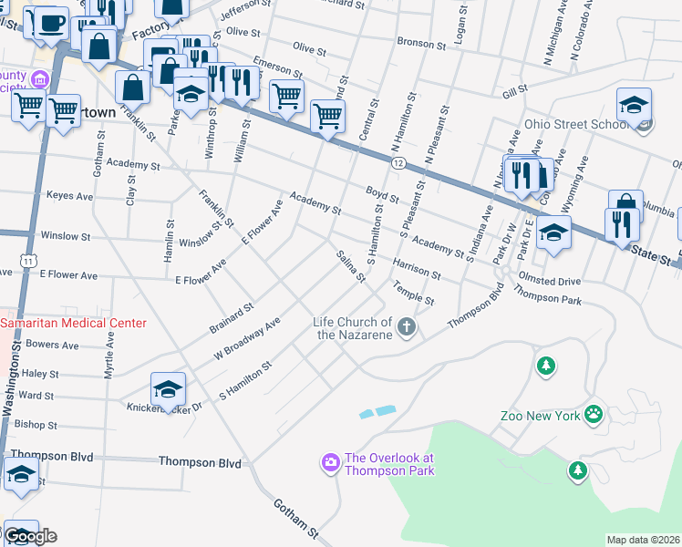 map of restaurants, bars, coffee shops, grocery stores, and more near 413 South Hamilton Street in Watertown
