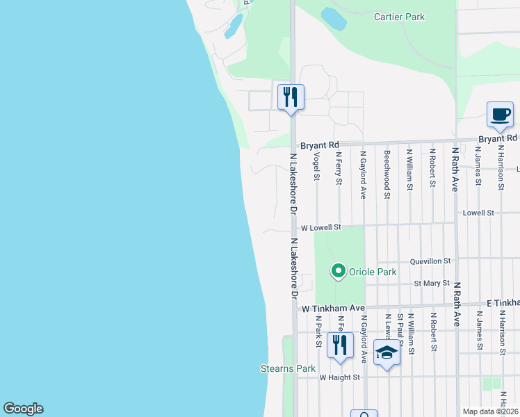 map of restaurants, bars, coffee shops, grocery stores, and more near 629 North Lakeshore Drive in Ludington