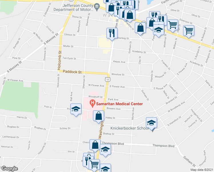 map of restaurants, bars, coffee shops, grocery stores, and more near Washington Street & Flower Avenue West in Watertown