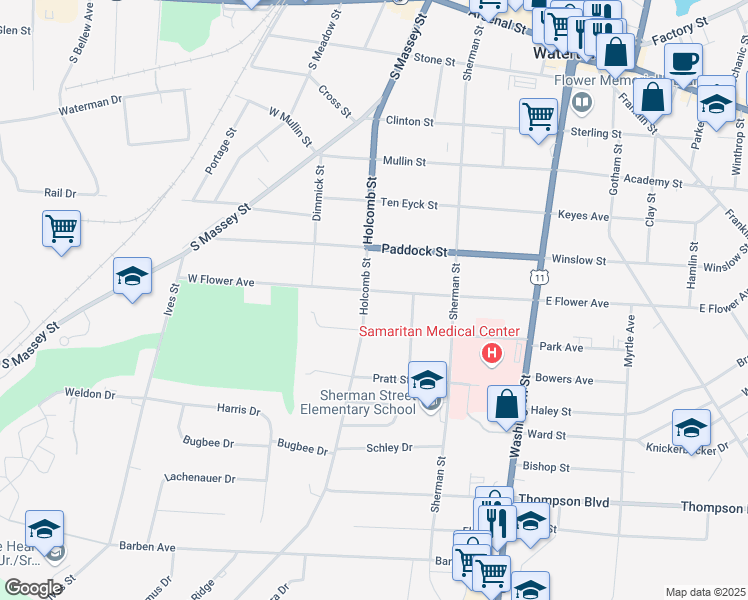 map of restaurants, bars, coffee shops, grocery stores, and more near 273 Flower Avenue West in Watertown