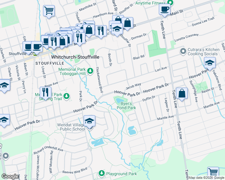 map of restaurants, bars, coffee shops, grocery stores, and more near 411 Hoover Park Drive in Whitchurch-Stouffville
