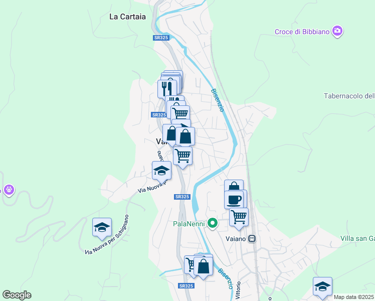 map of restaurants, bars, coffee shops, grocery stores, and more near 156 Via Giulio Braga in Vaiano