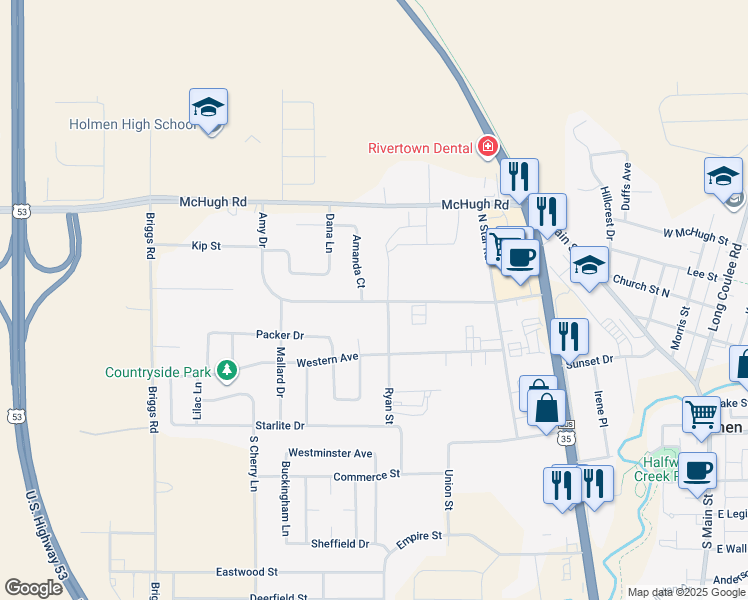 map of restaurants, bars, coffee shops, grocery stores, and more near 512 Ryan Street in Holmen