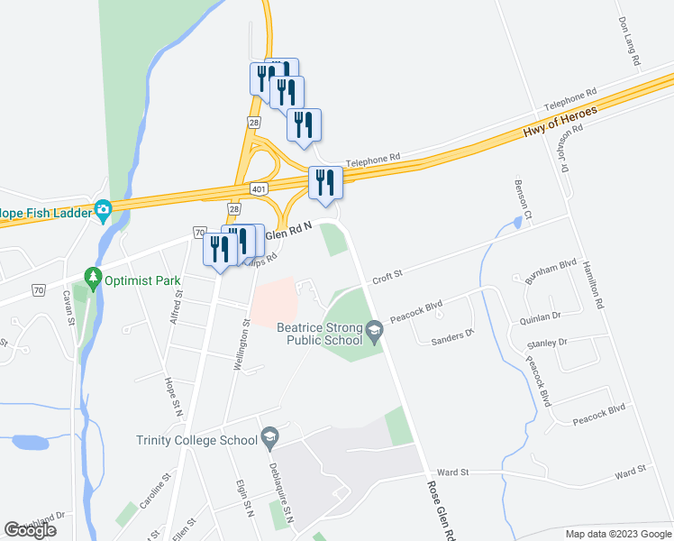 map of restaurants, bars, coffee shops, grocery stores, and more near 360 Croft Street in Port Hope