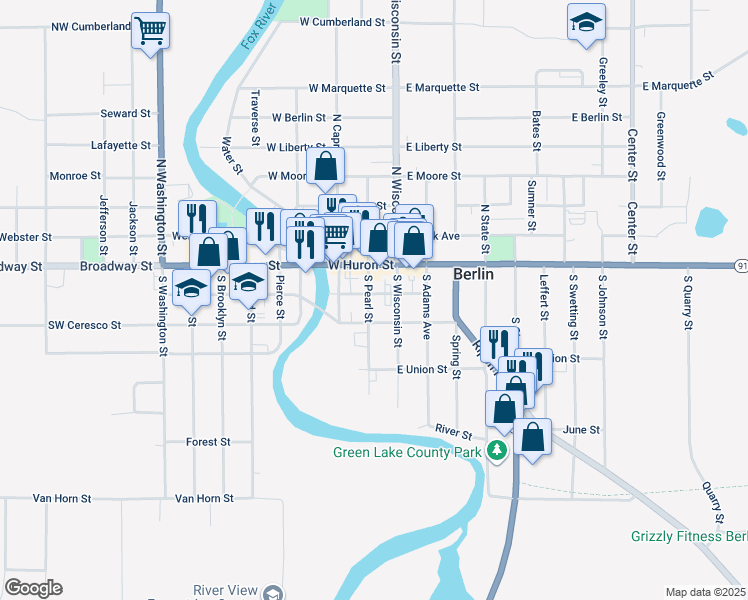 map of restaurants, bars, coffee shops, grocery stores, and more near 151 South Wisconsin Street in Berlin