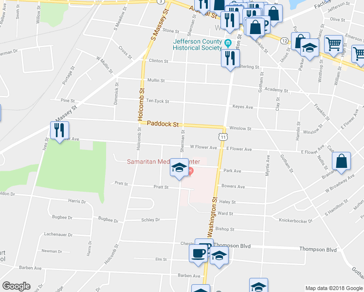 map of restaurants, bars, coffee shops, grocery stores, and more near Sherman Street & Flower Avenue West in Watertown
