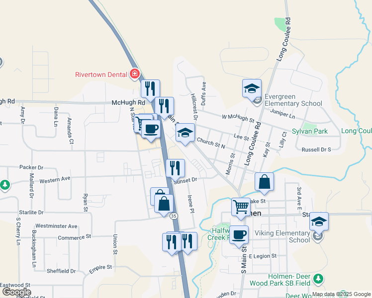 map of restaurants, bars, coffee shops, grocery stores, and more near 502 North Main Street in Holmen